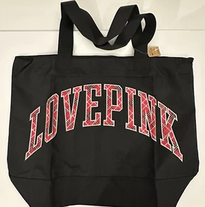 NWT Victoria's Secret PINK Tote Gym Bag Black Red Plaid Logo Large Zip  Closure - Picture 1 of 3