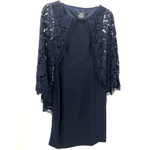 Adrianna Papell Navy Crepe Sheath Dress Lace Cape Size 6 - Picture 1 of 12