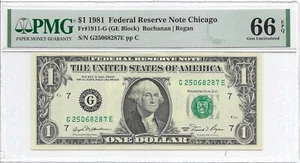 1981 $1 CHICAGO FRN. PMG GEM Uncirculated 66 EPQ Banknote. G/E Block. - Picture 1 of 2