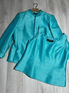 Kasper Blue Shimmer Collarless Jacket And Vest Set Sz 14 - Picture 1 of 12