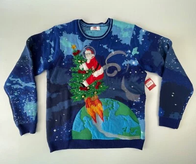 Ugly Christmas Sweater NWT Santa on Rocket Ship Holiday Time Blue Multi L 42-44 - Image 1 of 4