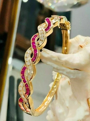 fine new 6.20Ct Round Lab Created Ruby Bangle Bracelet 14K Yellow Gold Plated - Image 1 of 4