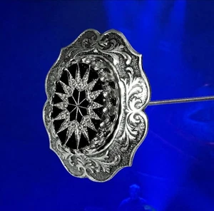 HATPIN with Vintage German Black and Silver Glass CABOCHON set on 8" silver - Picture 1 of 12