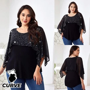 Curvy Women Rhinestone Mesh Tops Cocktail Evening Party Shirts Blouse Plus Size - Picture 1 of 22