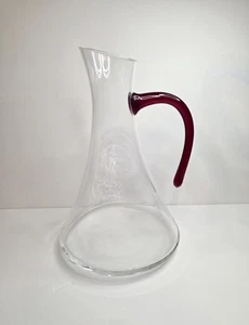 MCM Blenko Rialto Style Glass 11" Decanter Handblown Clear Glass with Red Handle - Picture 1 of 7