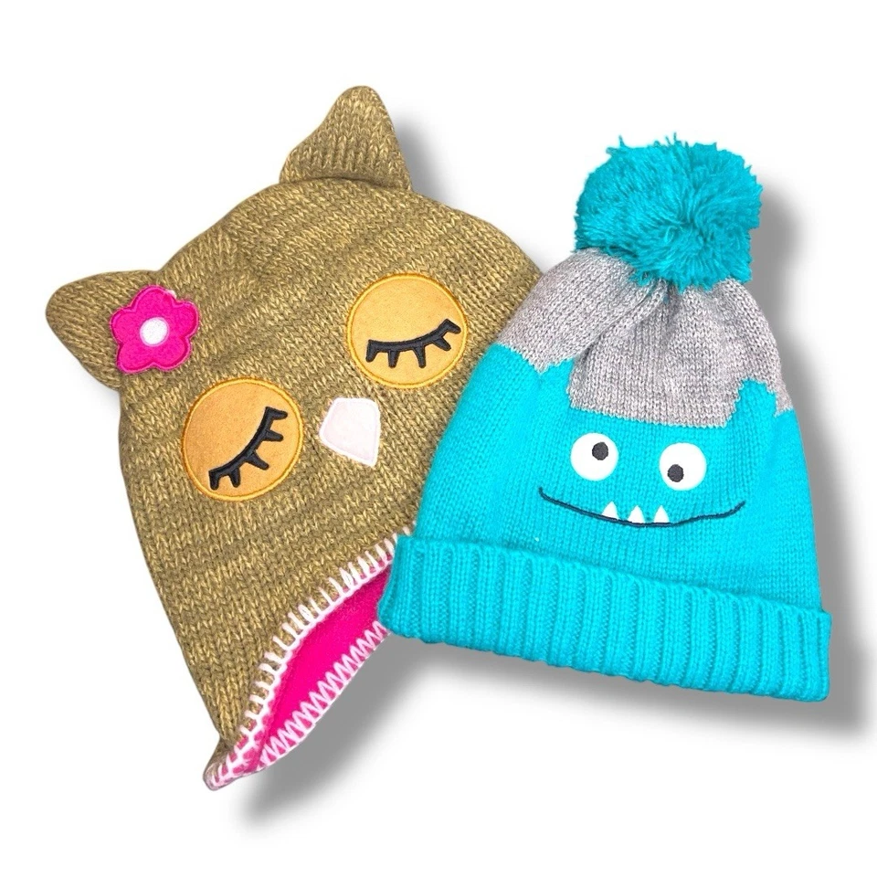 Set Of 2 Girls Hats Winter Fun Knit Owl  Monster Cute Cozy Winter 2T 5T - Image 1 of 4