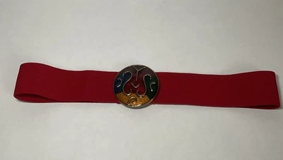 VTG 90s Red 2"W Stretch Belt Multicolor Gold Enamel Buckle - Image 1 of 4