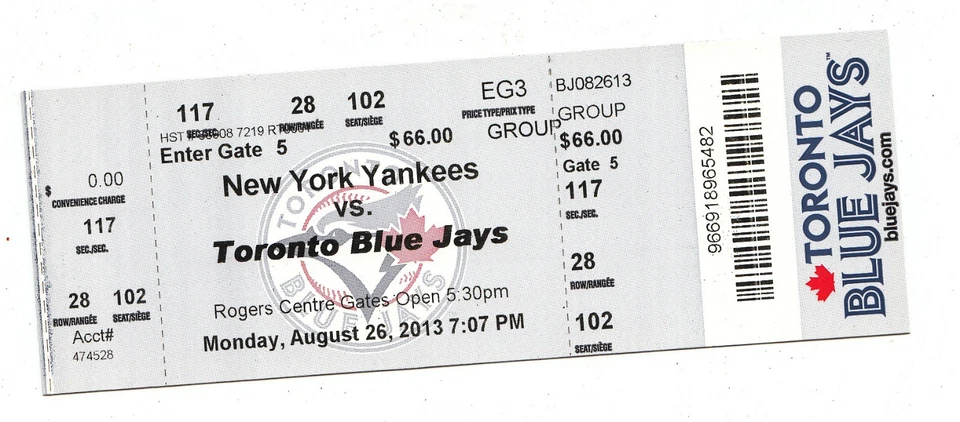 2013 BLUE JAYS VS NY YANKEES TICKET STUB ALEX RODRIGUEZ HR #650 HOME RUN 8/26/13 - Image 1 of 1