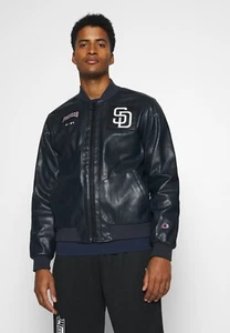 Champion MLB PREMIUM LEATHER SAN DIEGO PADRES BOGAERTS BOMBER DARK BLUE JACKET - Picture 1 of 16