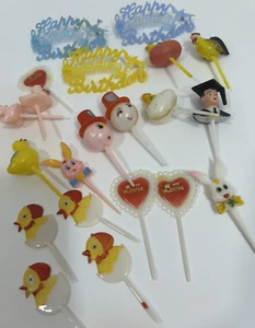 Lot of  21 Vintage Birthday Cake Toppers Decoration Cupcake Picks - Picture 1 of 4