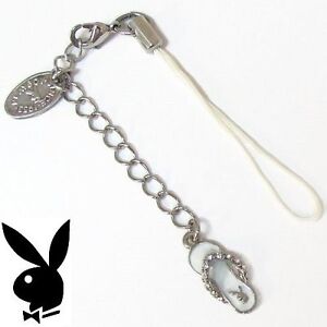 Playboy Cell Phone Charm w Strap Bunny Flip Flop Crystal Silver Pendant Bracelet