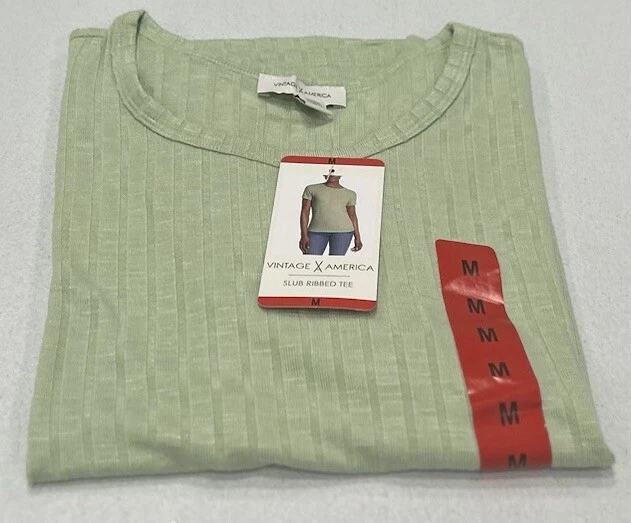 Vintage X America Women's Slub Ribbed Green Tee Crew Neck Large
