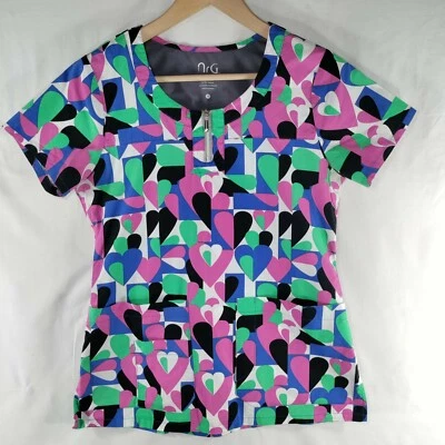 NrG by Barco Stretch Medical Scrub Top Womens Size XS Colorful Geometric Hearts - Image 1 of 4