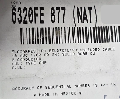 Belden Wire 6320FE 18/2C Solid Shielded Control/Audio Cable Plenum White /50ft - Image 1 of 4