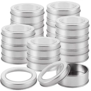 50 Pcs 2 oz Metal Tin Cans with Clear Lid Silver Round Tin Container Refillab... - Picture 1 of 7