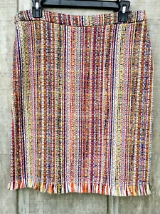 New Chelsea & Theodore Coral Multi Tweed Fringe Hem Pencil Skirt Size 10 - Picture 1 of 5
