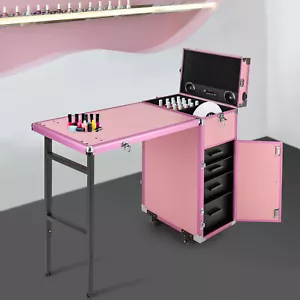 Pink Rolling Manicure Table Nail Desk Travel Train Case Cosmetic Trolley&Speaker - Picture 1 of 23