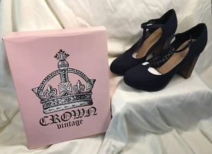 Crown Vintage T-strap Heels, Navy Microsuade, Size 9.5 Med 4" Heel - Picture 1 of 5