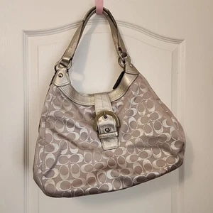 Coach Silver Soho Lynn Hobo Linen Leather Shoulder Handbag Purse  - Picture 1 of 20