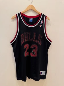 Vintage 90s Chicago Bulls #23 Michael Jordan Champion NBA Jersey Size 48 Black - Picture 1 of 8