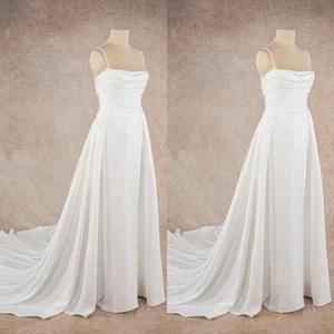 Simple Wedding Dresses Spaghetti Straps Ruched Satin Sweep Train Bridal Gown - Picture 1 of 10