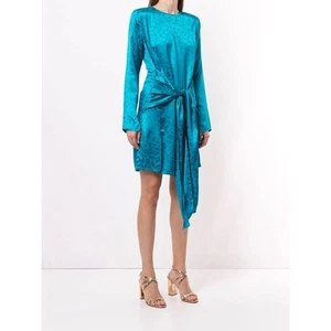 The Andamane Knot Front Teal Mini Satin Dress Long Sleeve Womens Size XS - Picture 1 of 9