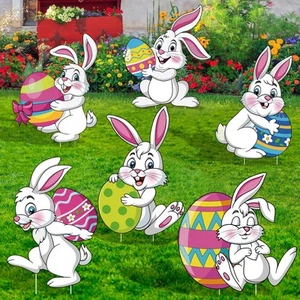 Easter Yard Signs Outdoor Bunny Lawn Signs with Stakes Easter Eggs Bunny Gard - Picture 1 of 7