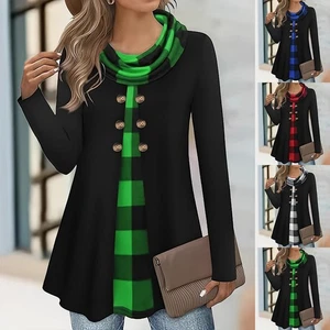 Plus Size Women Plaid Check T Shirt Tunic Tops Turtleneck Xmas Turtleneck Blouse - Picture 1 of 22