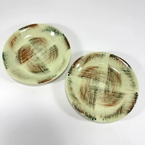 2 platos de aperitivo de pan de rafia Vernon Ware vintage verde marrón mediados de siglo MCM - Imagen 1 de 5