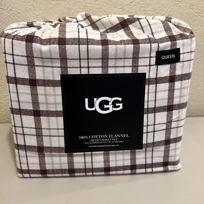 Juego de 4 sábanas Ugg Queen de franela de algodón a cuadros marrón 90”X102” Oeko-Tex NUEVO Foto 1 de 4