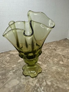 VTG Fenton Swing Art Glass Handkerchief Footed Vase Colonial Olive Green 7" MCM - Picture 1 of 11