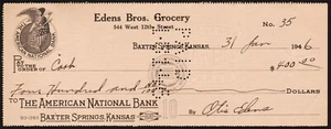 Vintage bank check EDENS BROS GROCERY eagle vignette 1946 Baxter Springs Kansas - Picture 1 of 2