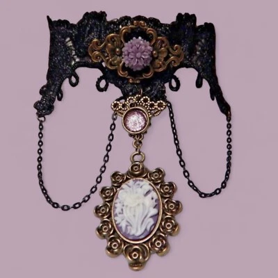 LAVENDER FLOWERS cameo black lace Victorian collar choker necklace steampunk M6 - Image 1 of 4