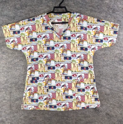 White Cross Scrub Top Women Small Multicolor Noah Ark Animal Short Dolman Sleeve - Image 1 of 4