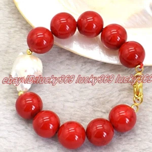 8/10/ 12mm Red Shell Pearl & White Baroque Pearl Beaded Bangle Bracelet 7.5 inch - Picture 1 of 3
