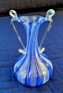 Murano Art Glass Blue & White Vase Latticino Ribbon Filigree 4In. Clear Handles - Picture 1 of 8