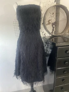 Scanlan Theodore feathered black Midi dress Size 6 Fringe Feather Silk $950 EUC - Picture 1 of 17