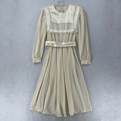 Vestido estilo vitoriano vintage coquette creme chiffon renda cetim babador tamanho 6 cinto - Imagem 1 de 4
