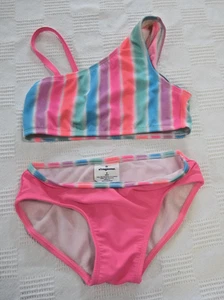 Little Girls O'Rageous Size 8 Two-Piece Multicolor Swimsuit Striped Top & Accent - Picture 1 of 7