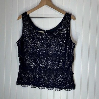 Vtg 60s De Paul 40 Black Beaded Sequin Fringe Top 100% Wool Hand Decorated Tank - Image 1 of 4