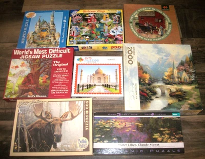 USED LOT 8 JIGSAW PUZZLES 500 529 550 650 750 2,000 PIECES BIRDHOUSES MOOSE - Image 1 of 4