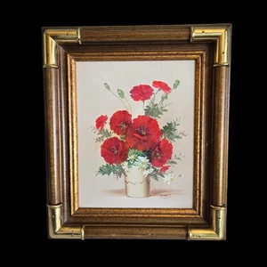 Vtg Framed Oil Painting Poppies Shasta Daisies Signed Roberts Wood Brass 12 x 14 - Picture 1 of 8