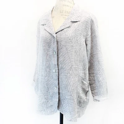 Finini винтажный натуральный серый 100% льняной блузка рубашка верхний повседневный кнопка карман большой - Изображение 1 из 4