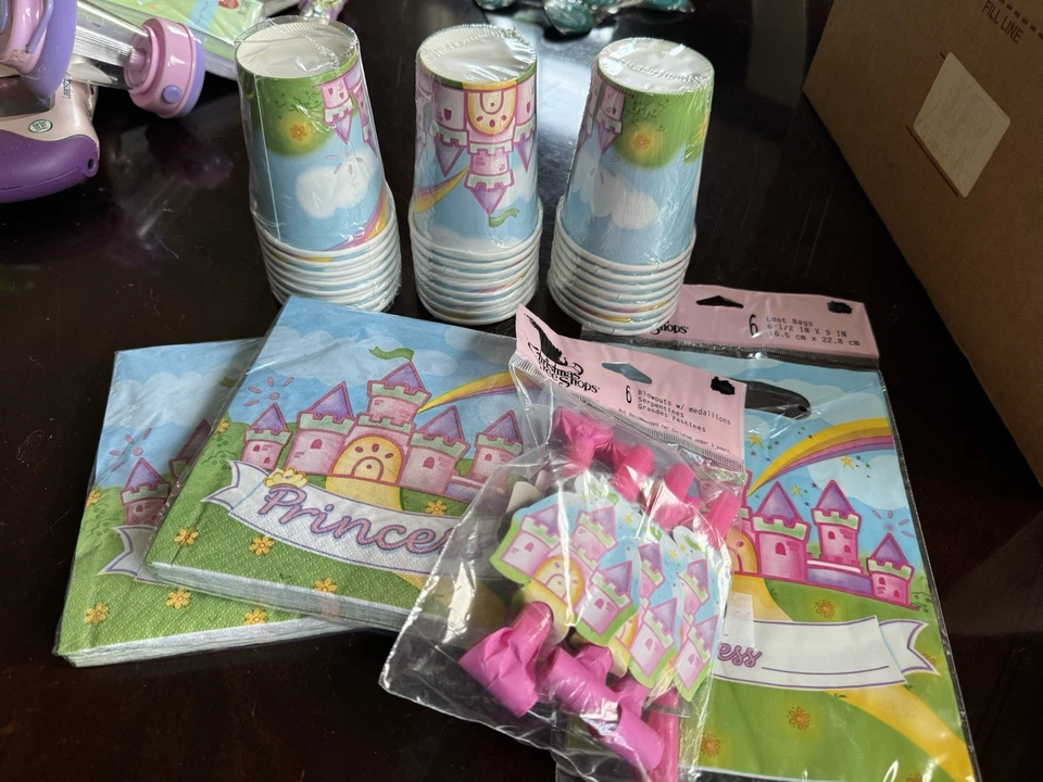 Princess Party Supplies Paper Cups Napkins Blowouts Loot Bags Girl Birthday - Image 1 of 4