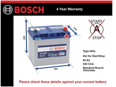 Battery fits TOYOTA RAV4 1.8 2.0 2.4 2.5 94 to 19 Bosch 005L 540A 60Ah Quality - Image 1 of 4