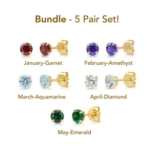 Set of 5! 14K Real Solid Yellow Gold 3mm Birthstone CZ Stud Earrings Pushback - Picture 1 of 11