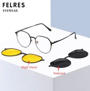 Men Women 3 in 1 Metal Magnetic Clip On Polarized Sunglasses Round Glasses Frame - Picture 1 of 23