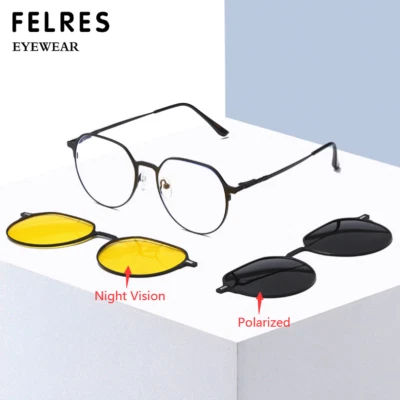 男式女式 3 合 1 金属磁性夹偏光太阳镜圆形眼镜框 — 第 1/4 张图片