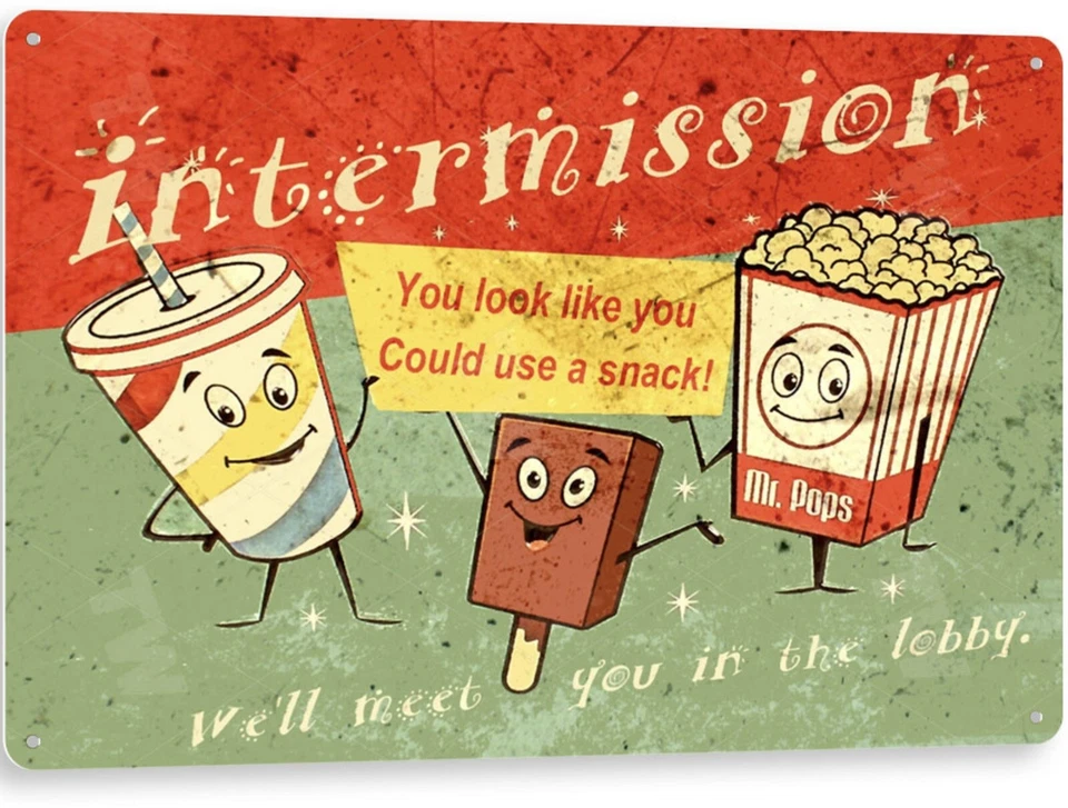 Movie Sign, Movie Snacks Popcorn Soda Ice Cream Cinema Tin Sign Intermission - Image 1 of 4