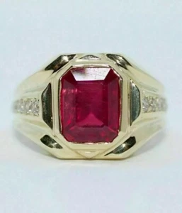 3 Ct Emerald Cut Simulated Red Ruby Men's Engagement Ring 14k Yellow Gold Plated - Picture 1 of 7